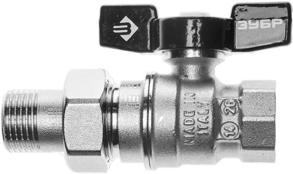Шаровой кран полнопроходной d 1/2, ручка «бабочка», «мама-папа», с накидной гайкой ЗУБР 4-51327-C-1/2