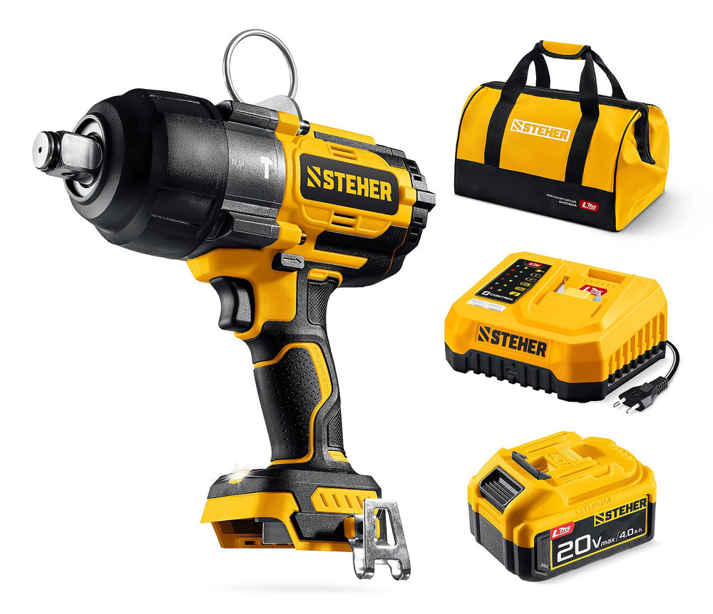 Гайковерт ударный бесщеточный 20 В, 1000 Н·м, 1 АКБ LMS (4 А·ч), сумка STEHER CWB-1000-41