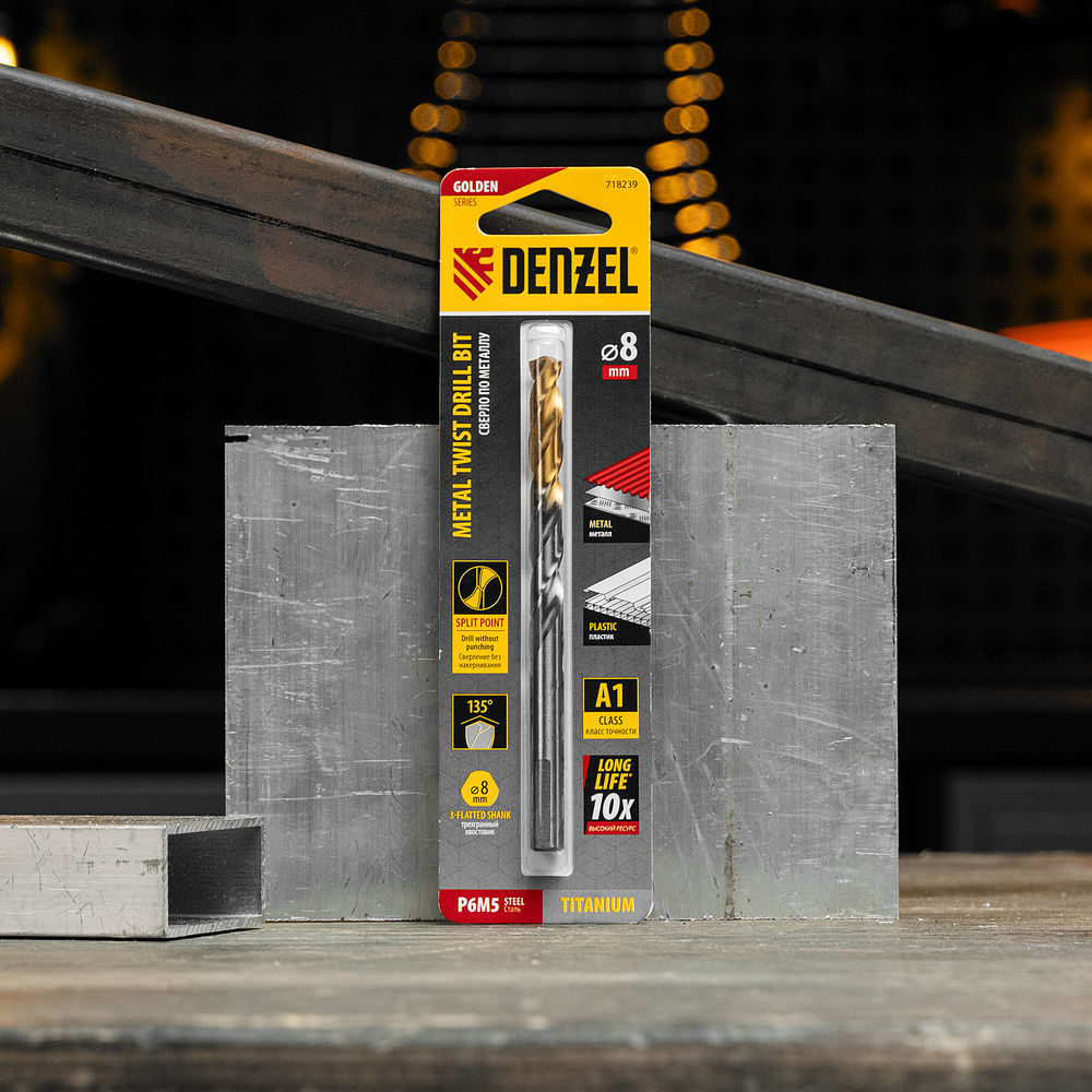 Сверло спиральное по металлу 8 x 117 мм, Р6М5, Golden Tip Denzel (718239)