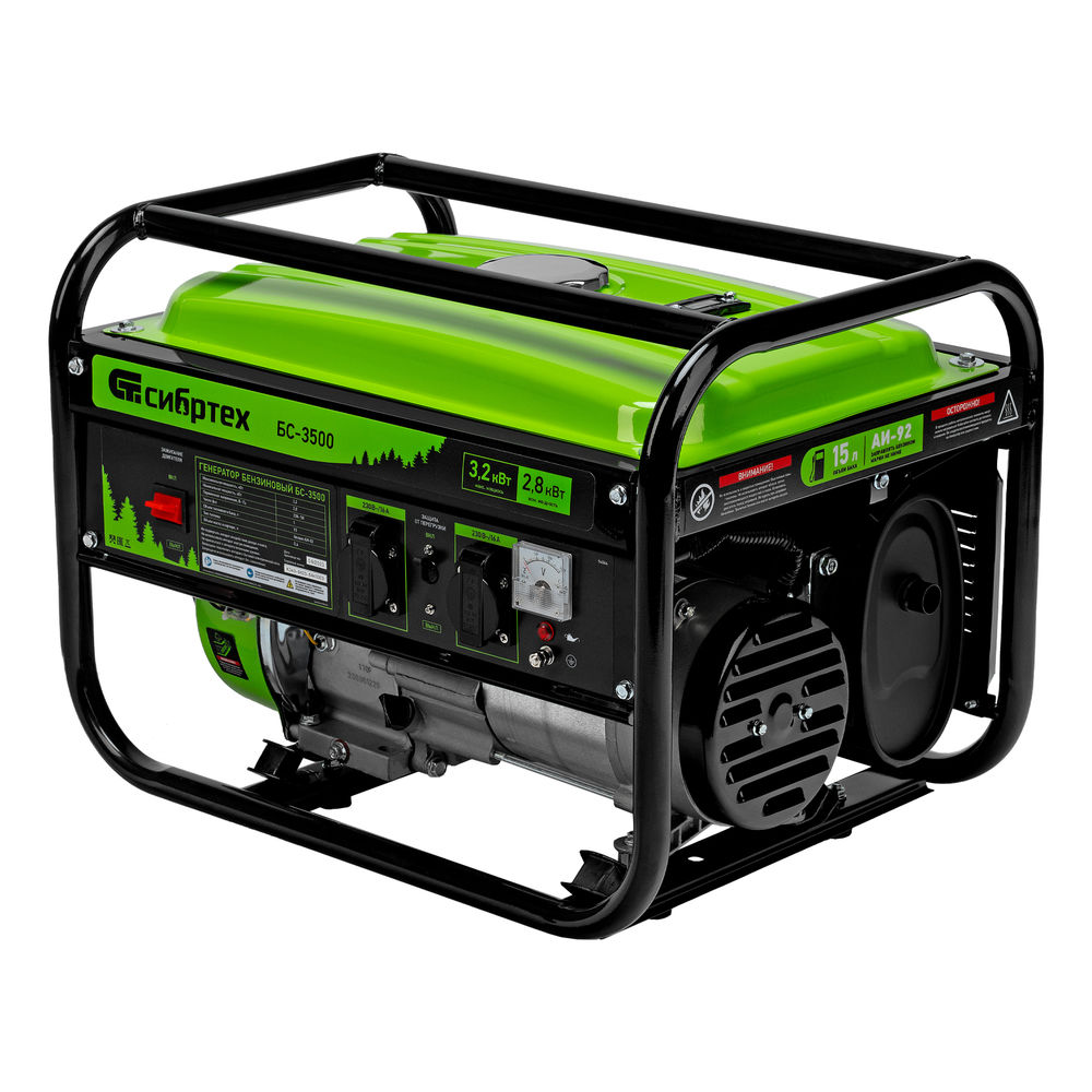 Генератор бензиновый БС-3500, 3.2 кВт, 230В, четырехтактный, 15 л, ручной стартер Сибртех (94544)