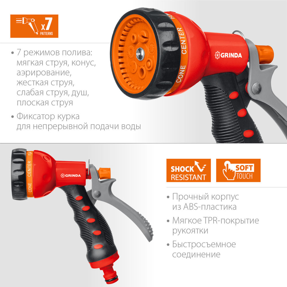 Поливочный пистолет T-7, 7 режимов, курок сзади, пластиковый с TPR GRINDA 8-427185