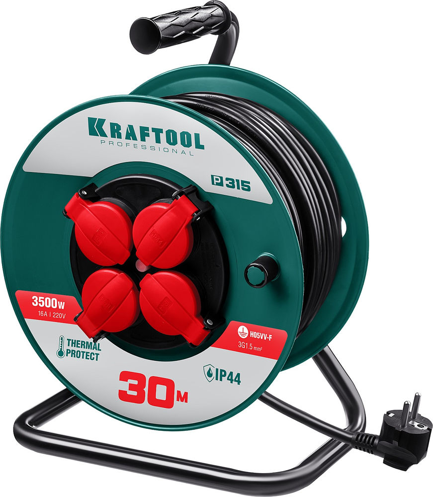 Силовой удлинитель на катушке 3 x 1.5 мм? 30 м P-315 ПВС 3500 Вт IP44 KRAFTOOL 55084-30