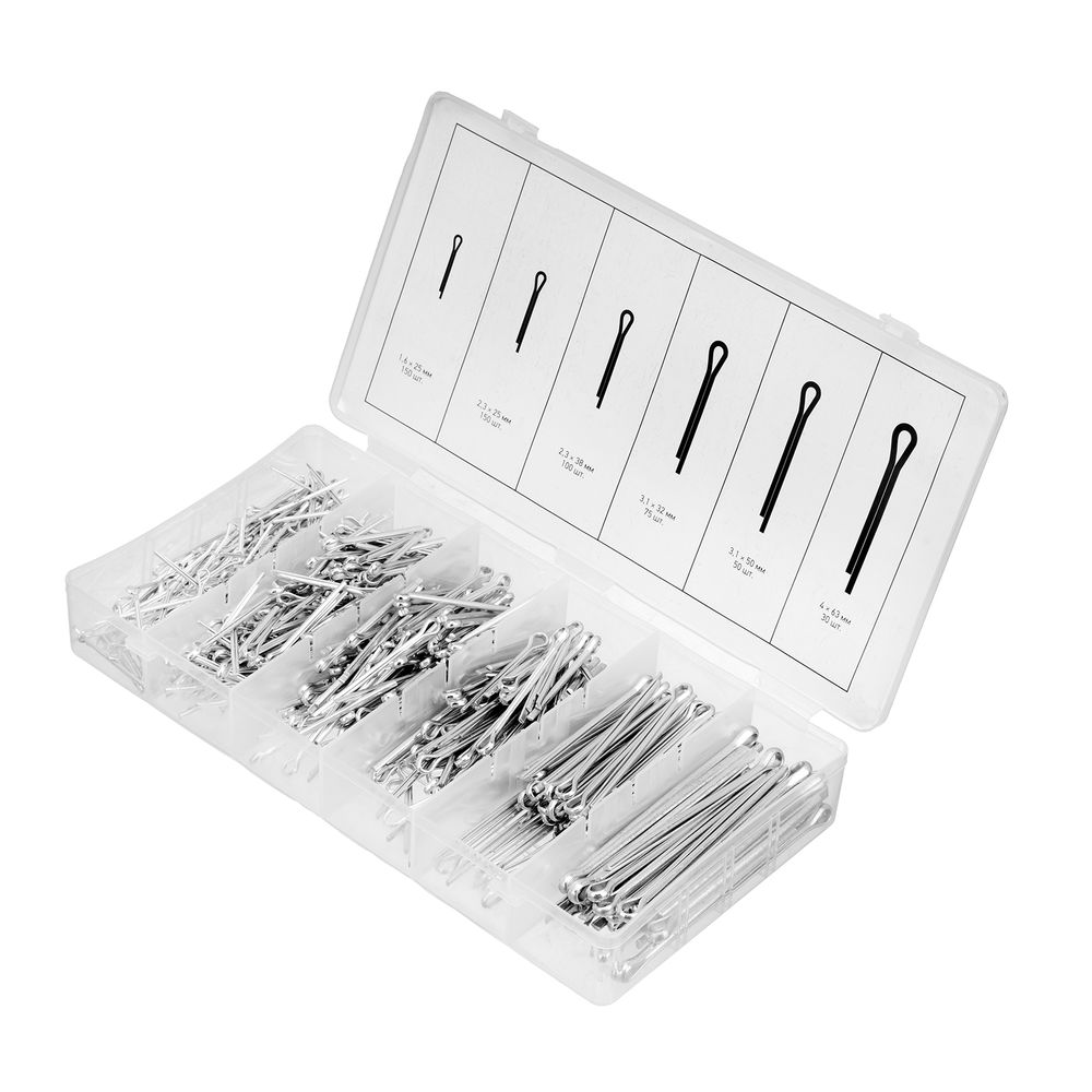 Набор шплинтов, S головки х L: 1.6 х 25.2, 3 х 25.2, 3 х 38, 3, 1 х 32, 3, 1 х 50.4 х 63 мм, 555 предметов Сибртех (47604)
