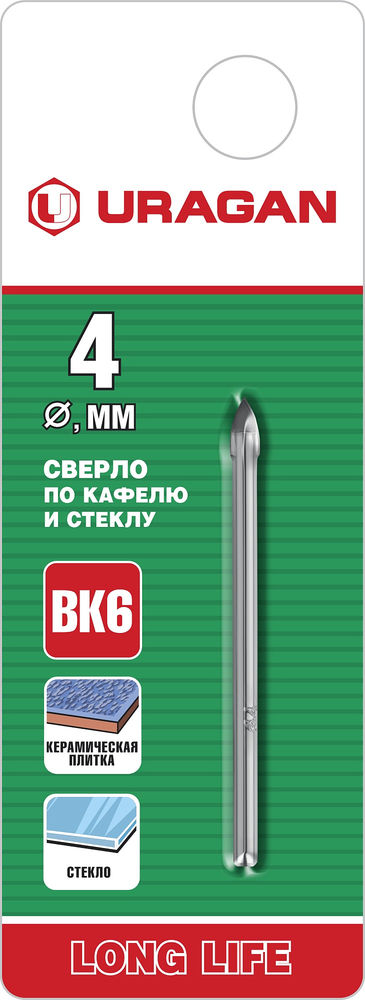 Сверло по стеклу и кафелю 2х кромка цилиндр хвостовик URAGAN 4 мм 29830-04  