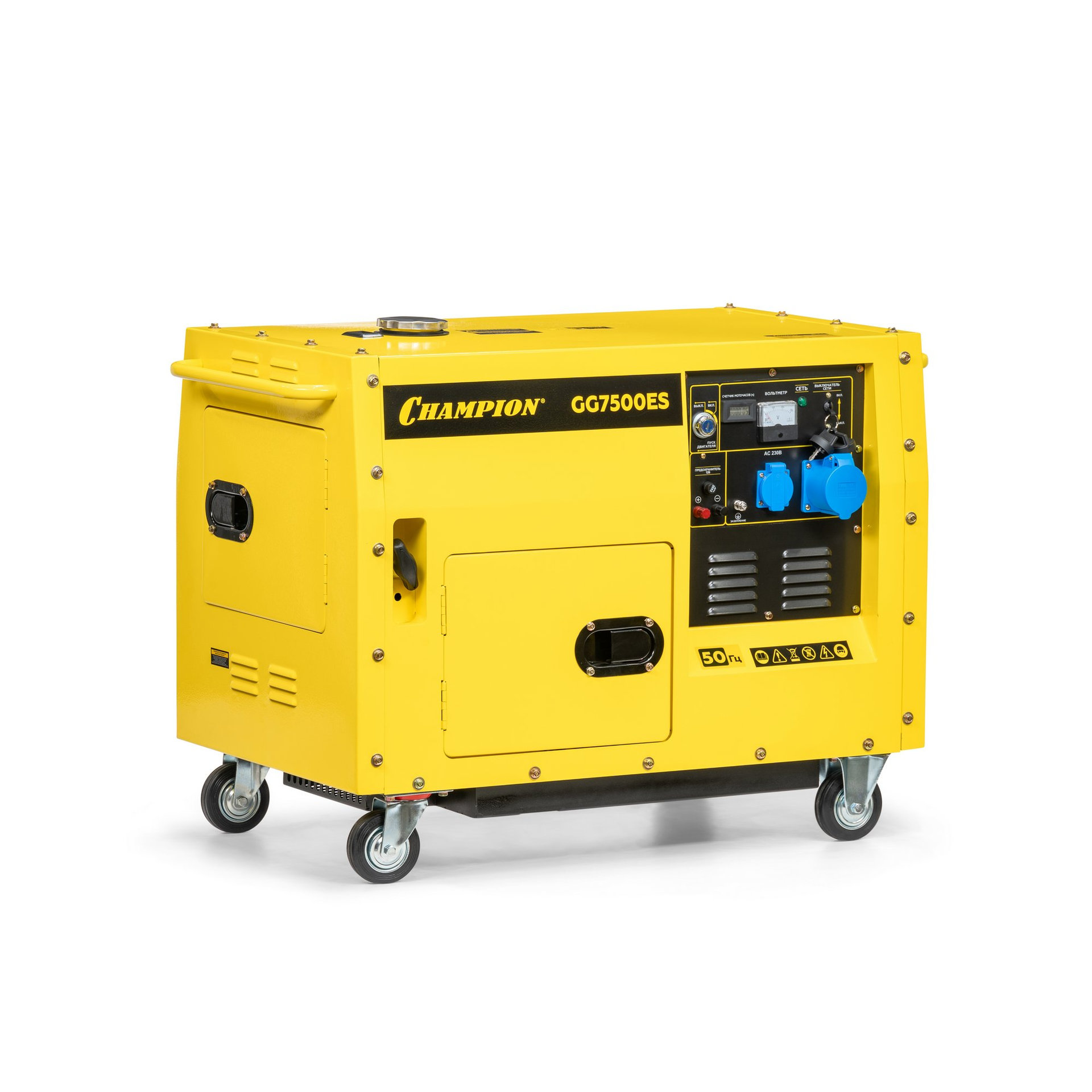 Генератор CHAMPION GG7500ES (PRO 5,5/6кВт 16лс 15л 12В 126кг, эл.стартер,счетчик,колеса,кожух) (GG7500ES)