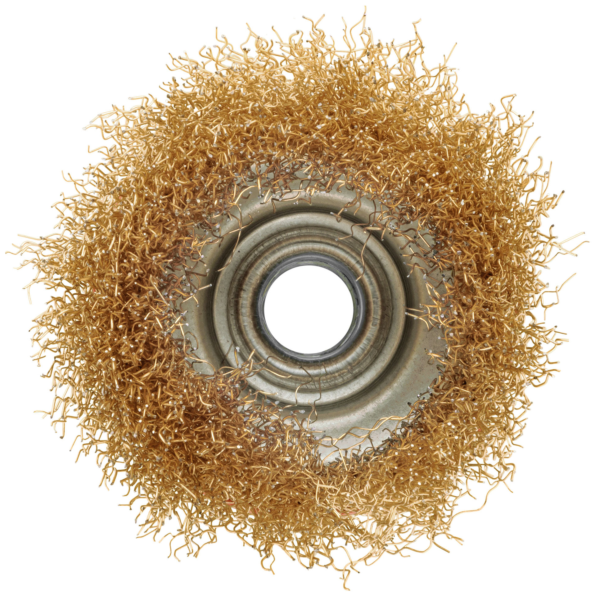 Корщетка-чашка, гайка М14, стальная латунированная волнистая проволока 75 мм, блистер (39092)