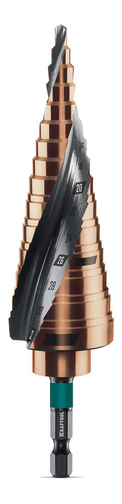 Сверло ступенчатое COBALT, 4–32 мм, 15 ступеней, азотирование, винтовая спираль KRAFTOOL 29691-4-32-15