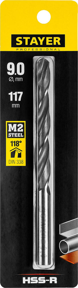 Сверло по металлу быстрорежущая сталь P6M5 Professional HSS-R STAYER 9.0x125 мм 29602-9  