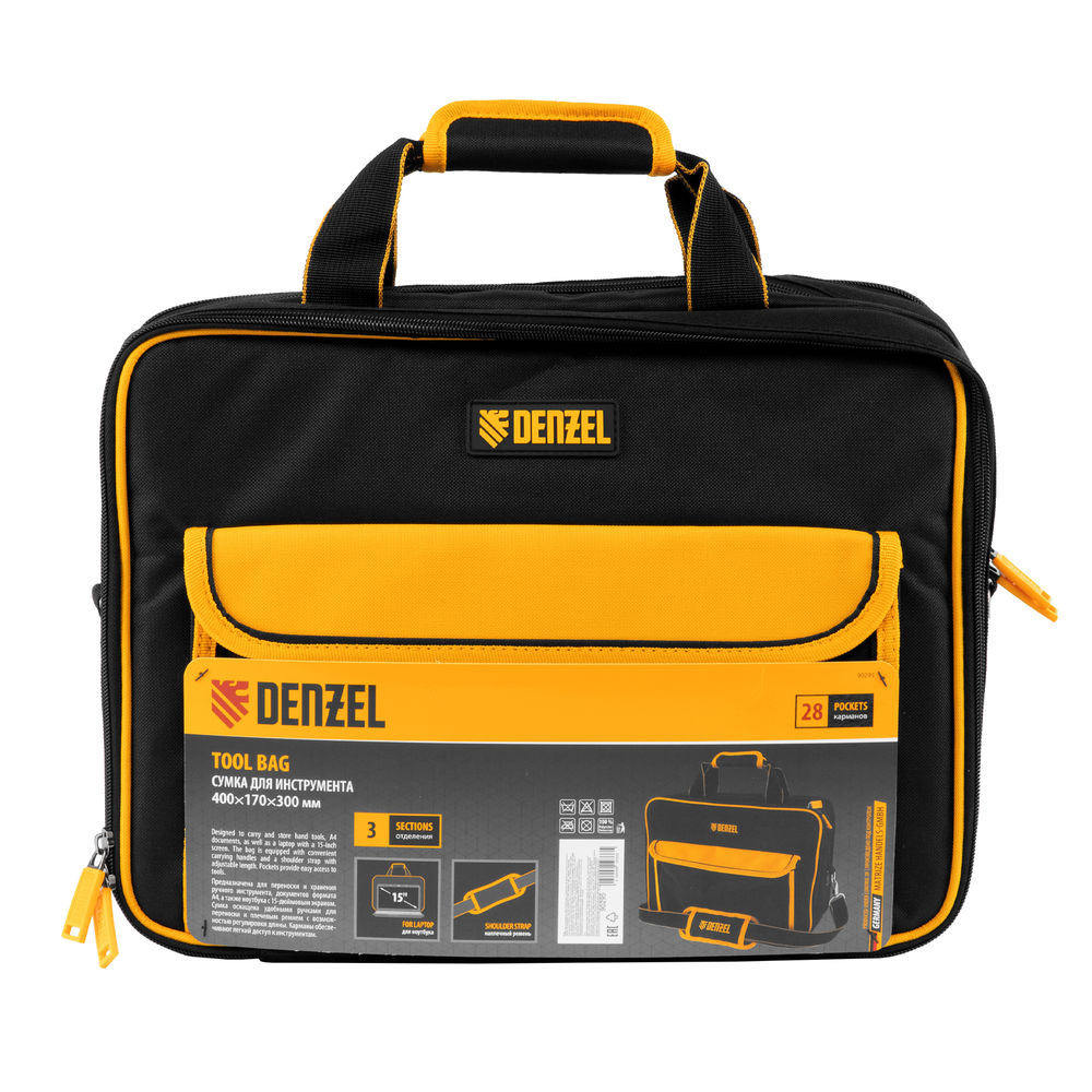 Сумка для инструмента, 400х170х300 мм, 3 отделения, 28 карманов, наплечный ремень Denzel