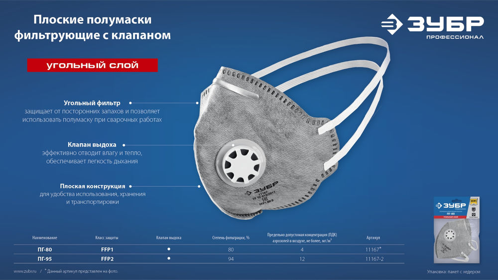 Полумаска фильтрующая плоская с угольным слоем класс защиты FFP1 с клапаном выдоха ЗУБР ПГ-80 Профессионал 11167_z01