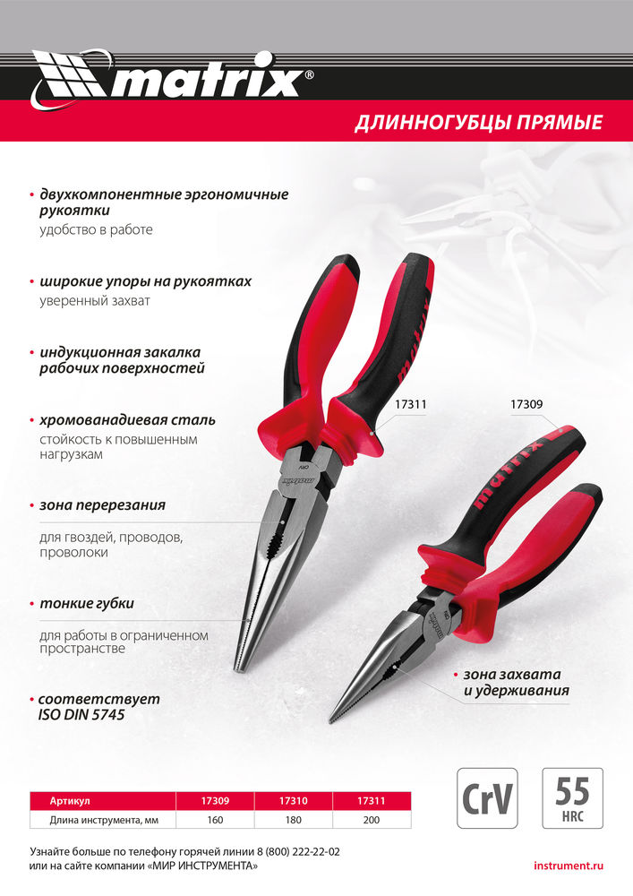 Длинногубцы прямые, 200 мм, хром-ванадий, двухкомпонентные рукоятки Matrix (17311)