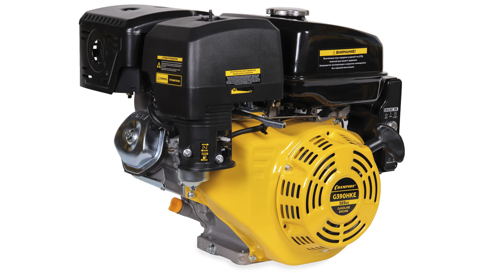 Двигатель 13лс/9,6кВт 389см? 25,4мм шпонка 33.2кг эл.стартер панель запуска выход12В/10Вт CHAMPION G390HKE