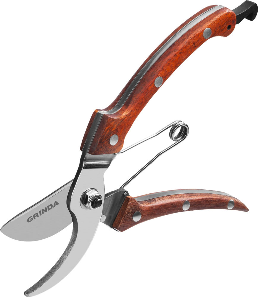 Компактный плоскостной секатор P-17, 195 мм, из нержавеющей стали, с деревянными рукоятками, цельнокованый, PROLine GRINDA 423417