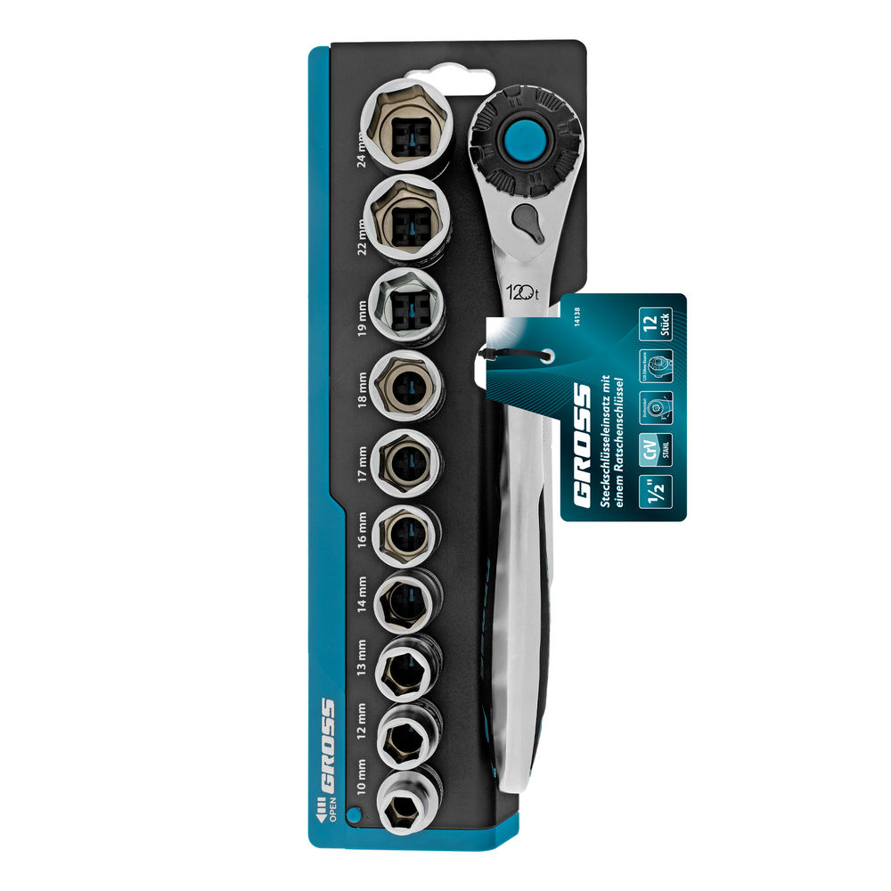 Набор торцевых головок, трещотка 120 зубьев, 1/2, CrV, 12 предметов Gross