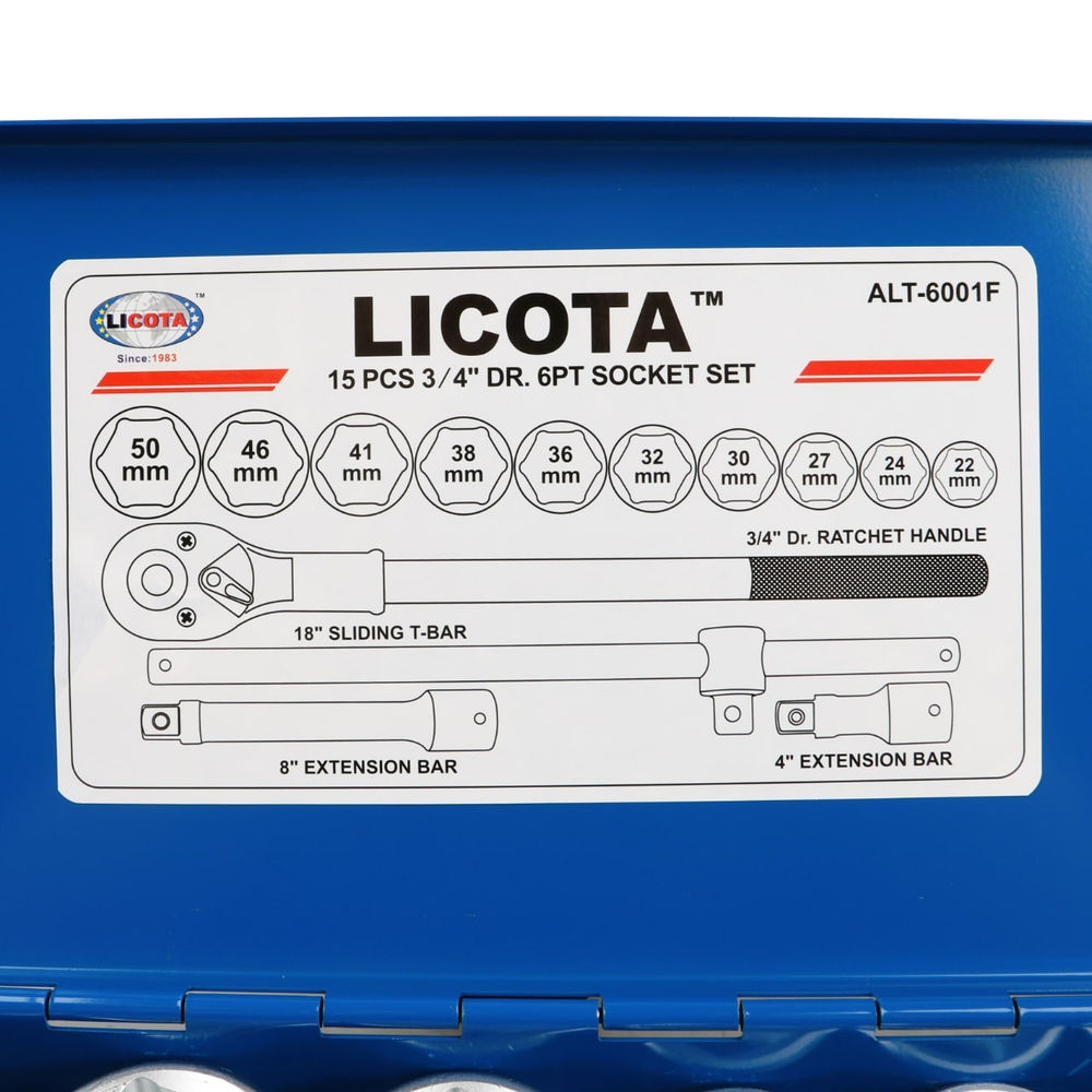 Набор торцевых головок 6-ти гранных, 15 пр., 22-50 мм 3/4 Licota ALT-6001F
