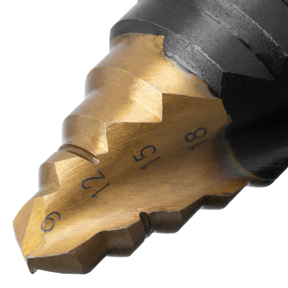 Сверло ступенчатое, 9-12-15-18-21-24-27-30-33-36 мм, Р6М5, 6-гр. хвостовик Denzel (723605)