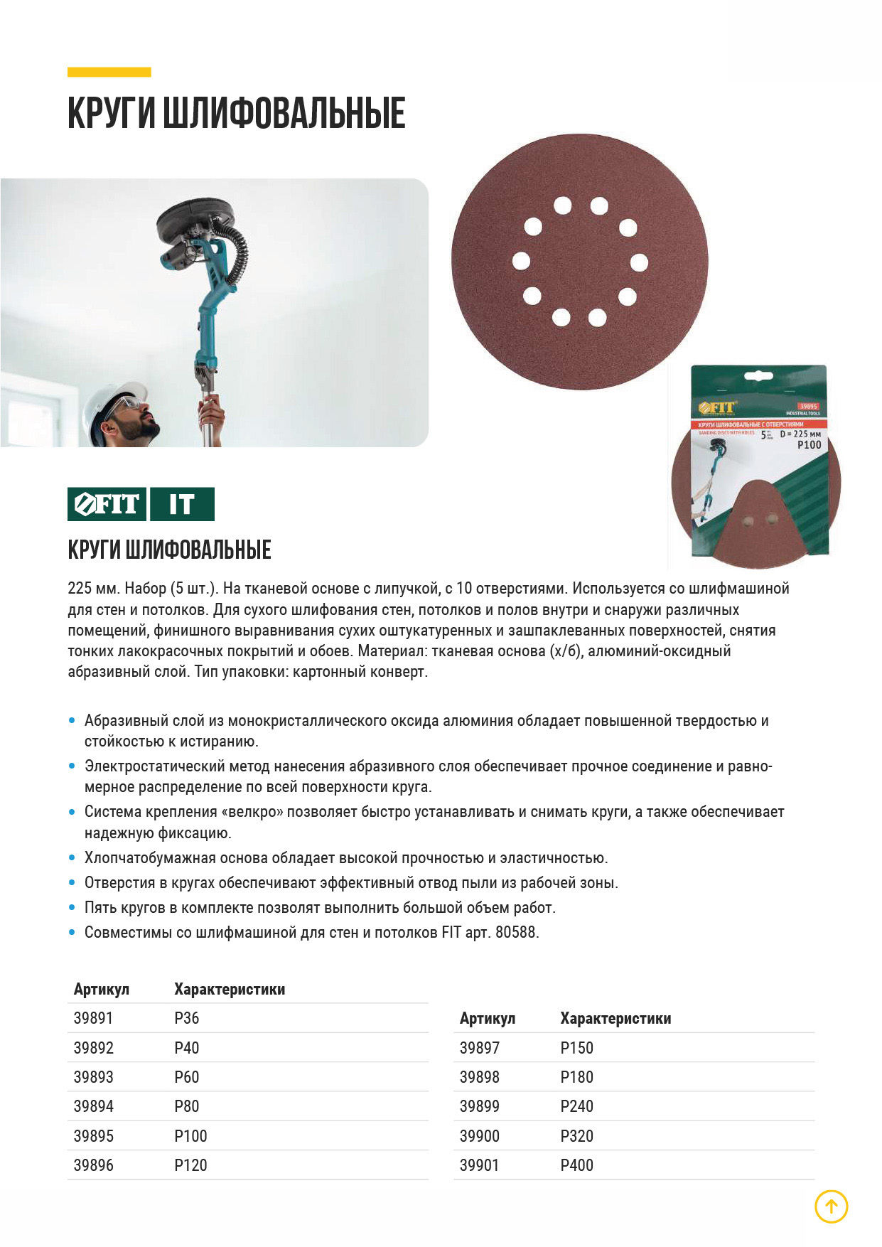 Круги шлифовальные с отверстиями (липучка), алюминий-оксидные, 225 мм, 5 шт. Р 36 (39891)