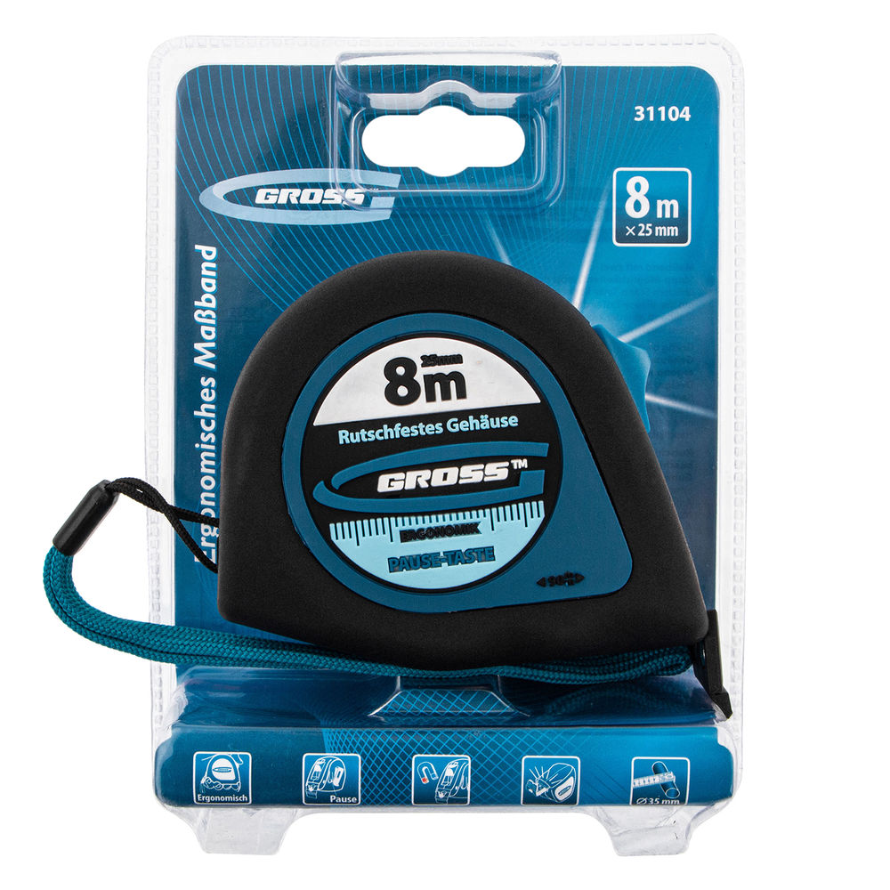 Рулетка Ergonomisch,8 м x 25 мм,магнитный обрезиненный зацеп Gross