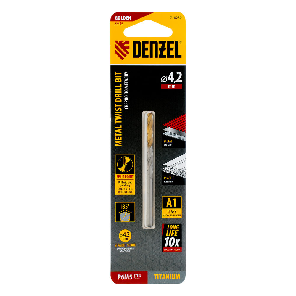 Сверло спиральное по металлу 4,2 x 75 мм, Р6М5, Golden Tip Denzel (718230)