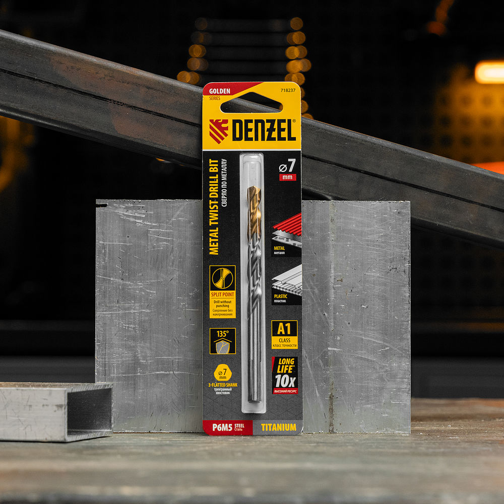 Сверло спиральное по металлу 7,0 x 109 мм, Р6М5, Golden Tip Denzel (718237)