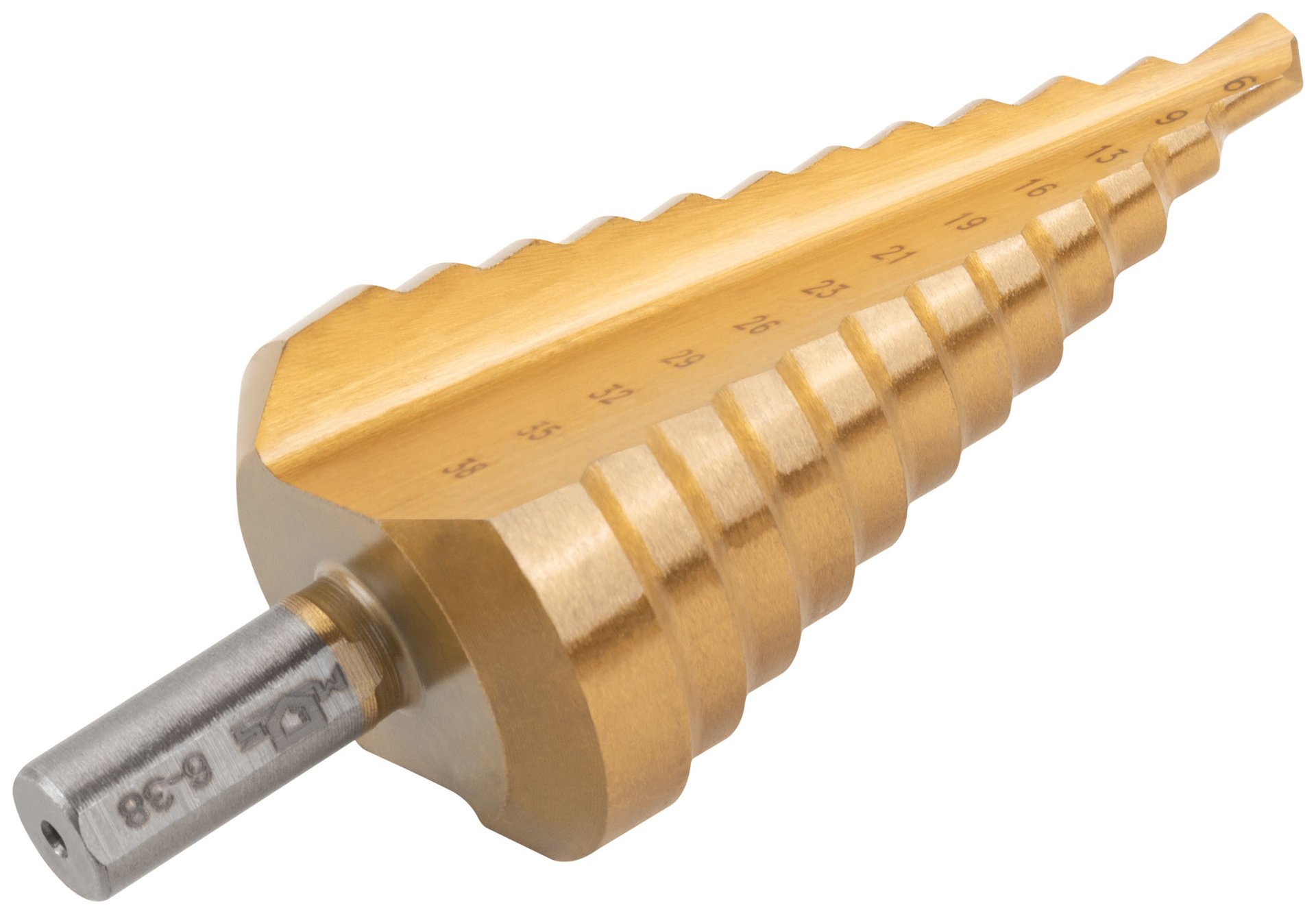 Сверло ступенчатое HSS по металлу, 12 ступеней 6-9-13-16-19-21-23-26-29-32-35-38 мм