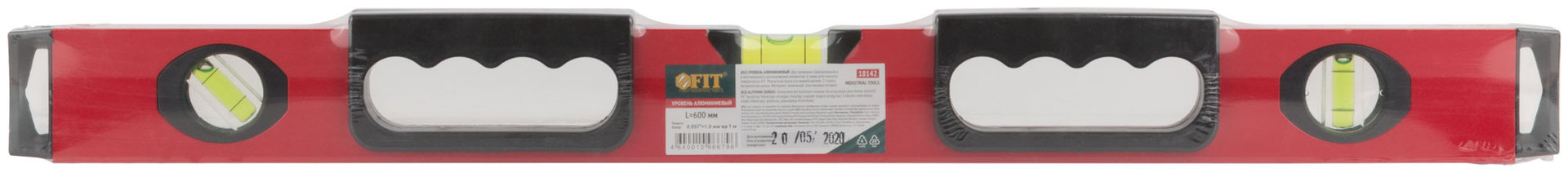 Уровень Бизон, 3 глазка, красный корпус, магнитная полоса, ручки, шкала 600 мм (18142)