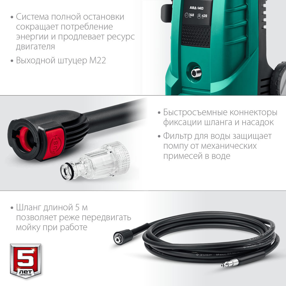 Мойка высокого давления 1700 Вт 140 Атм пистолет МИГ-180 ЗУБР АВД-140