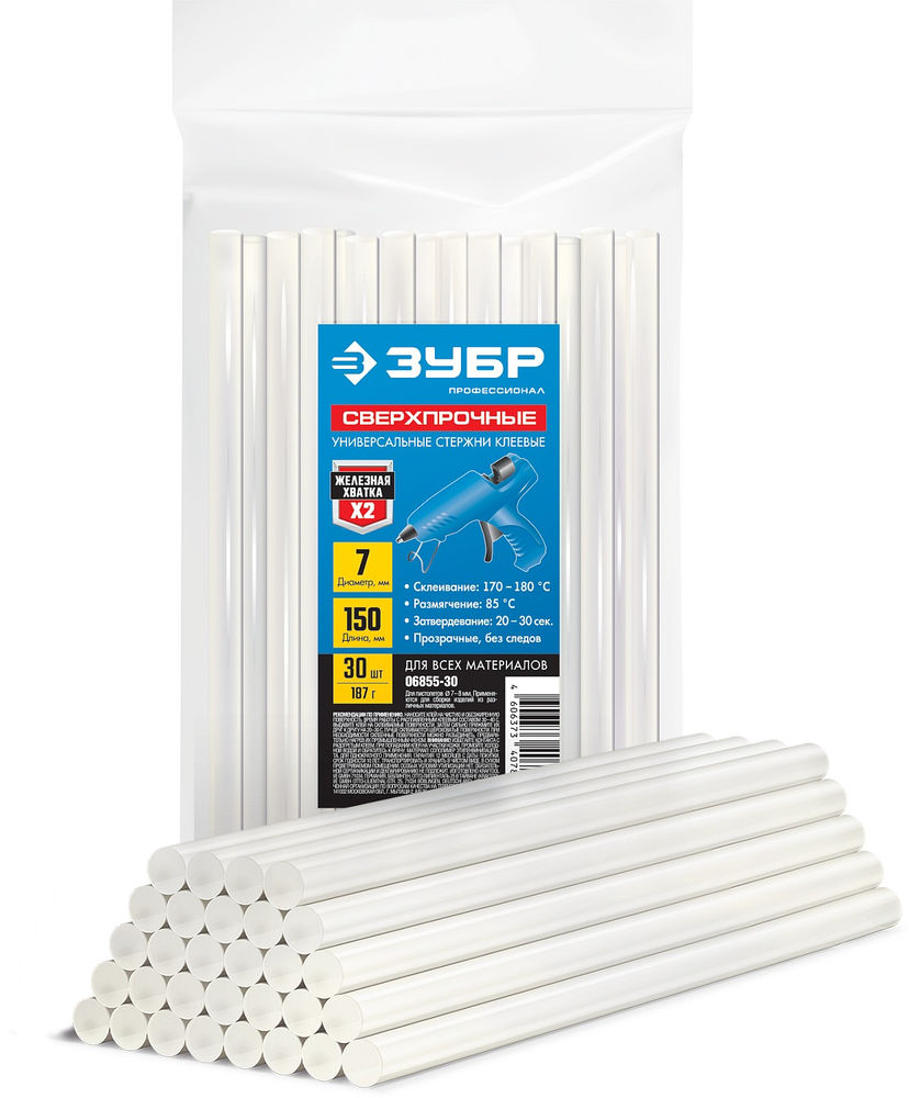 Стержни клеевые сверхпрочные прозрачные 7 х 150 мм, 30 шт ЗУБР Профессионал 06855-30