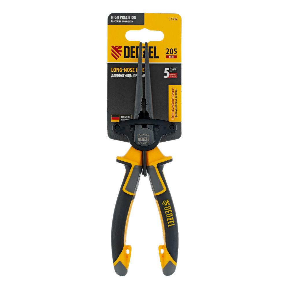 Длинногубцы прямые 205 мм, трехкомпонентные рукоятки Denzel (17302)