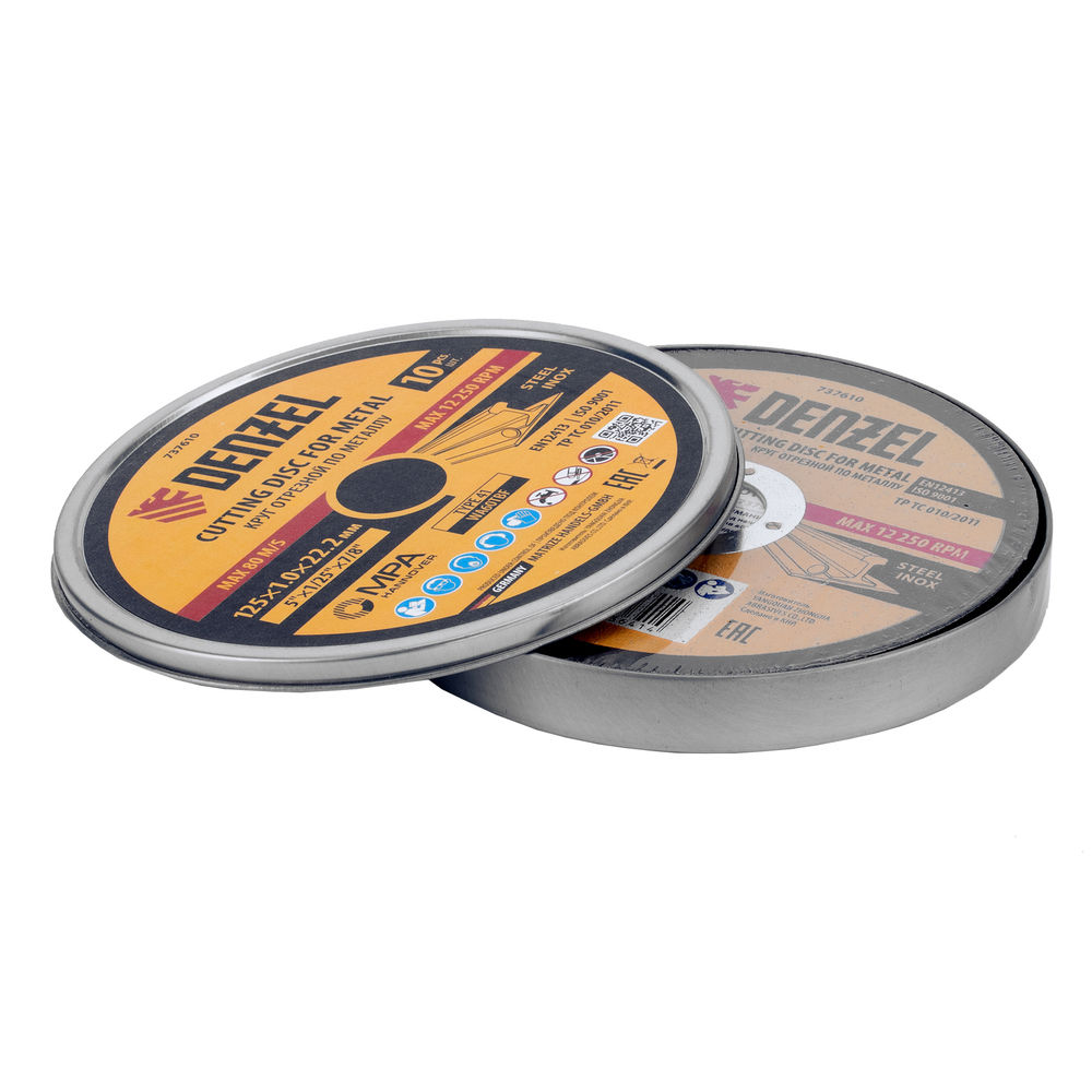 Круг отрезной по металлу, 125 х 1,0 х 22,2 мм, WA60TBF, в метал.банке, 10 шт. Denzel (737610)