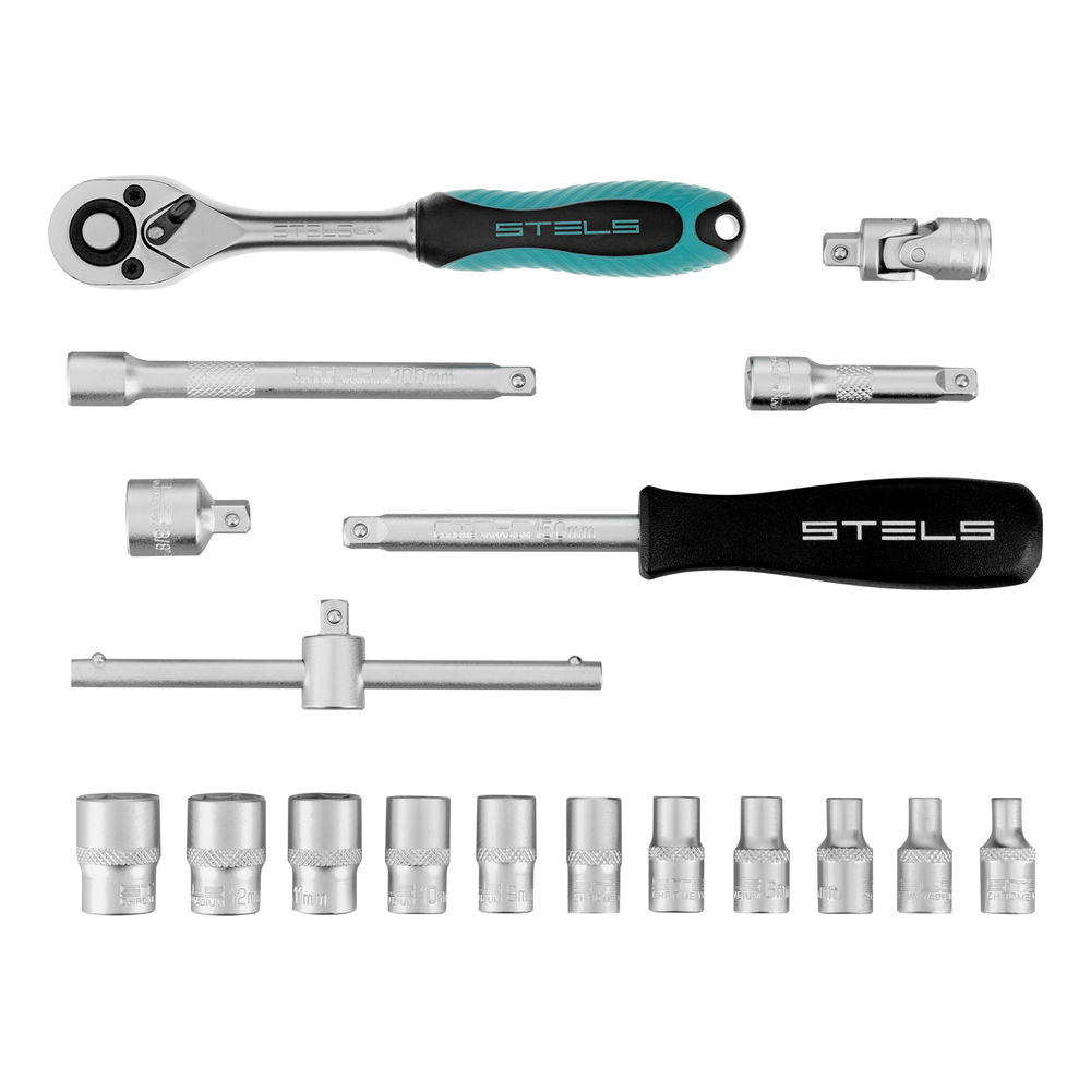 Набор торцевых головок с трещоткой, 1/4, 18 предметов Stels