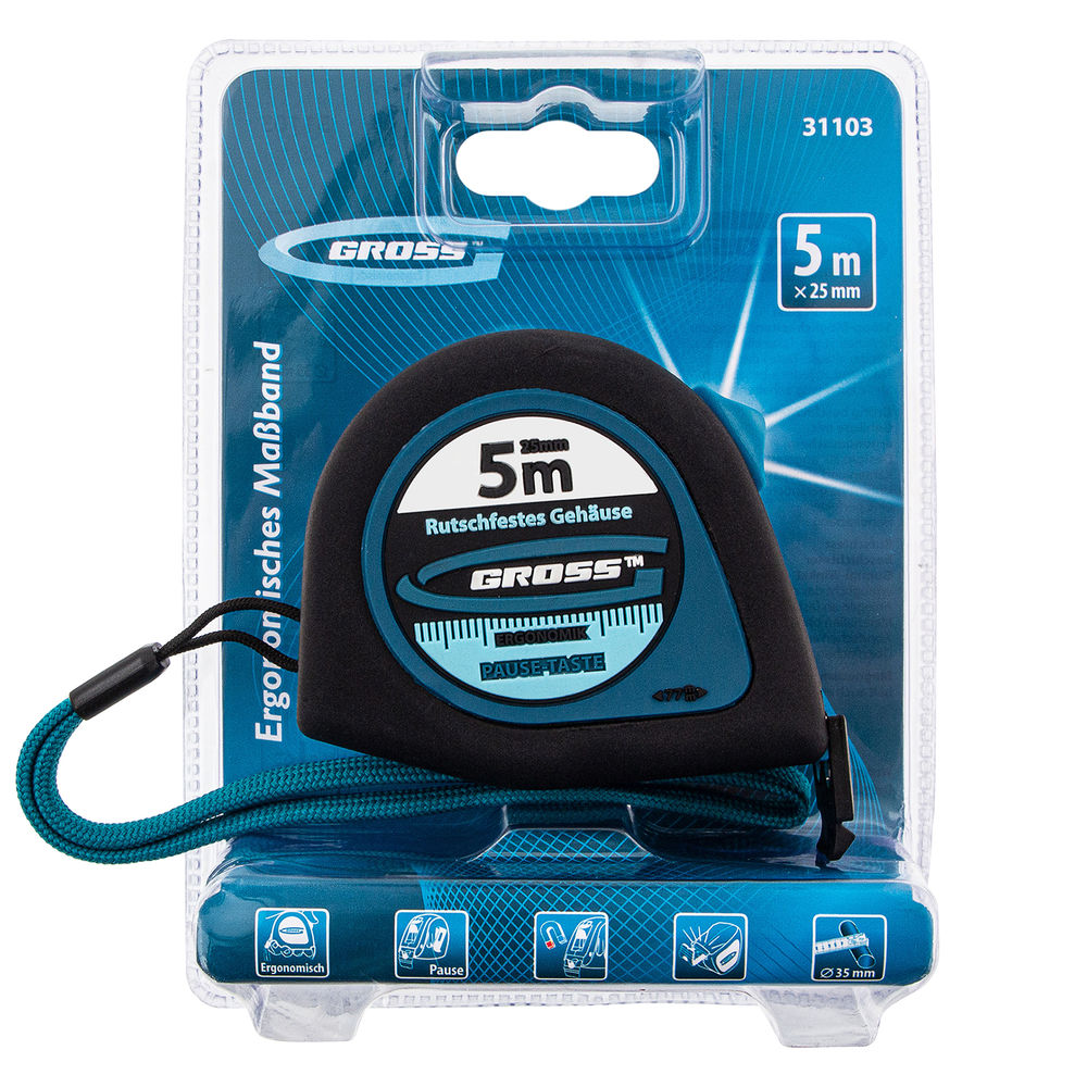 Рулетка Ergonomisch,5 м x 25 мм,магнитный обрезиненный зацеп Gross