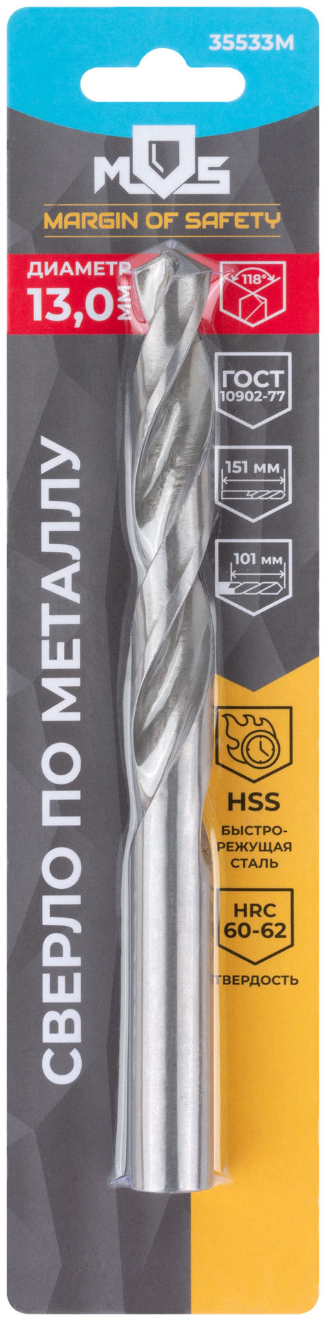 Сверло по металлу HSS в блистере, угол заточки 118°, 13,0 x 151 мм (1 шт.) (35533М)