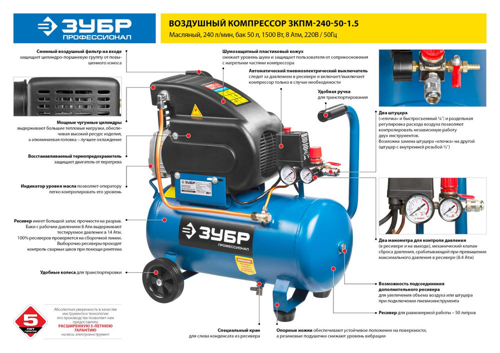 Компрессор масляный 240 л/мин, 50 л, 1500 Вт ЗУБР Профессионал ЗКПМ-240-50-1.5