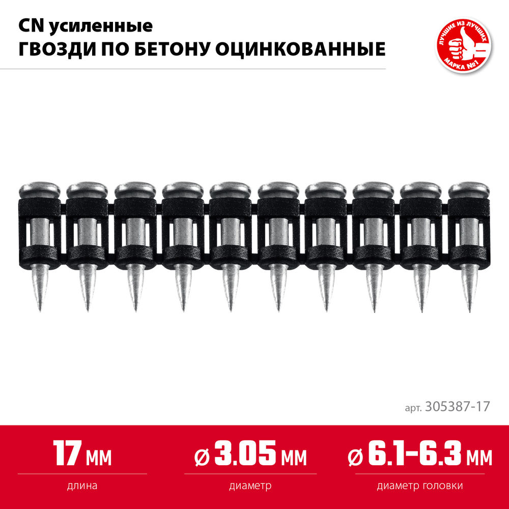 Гвозди по бетону CN усиленные 17 x 3.05 мм, оцинкованные, 1000 шт ЗУБР 305387-17