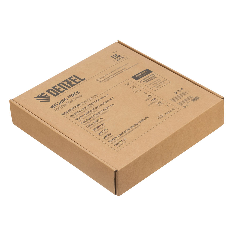 Горелка сварочная TIG WP17V, прямое подключение к баллону, 4 метра Denzel (93643)