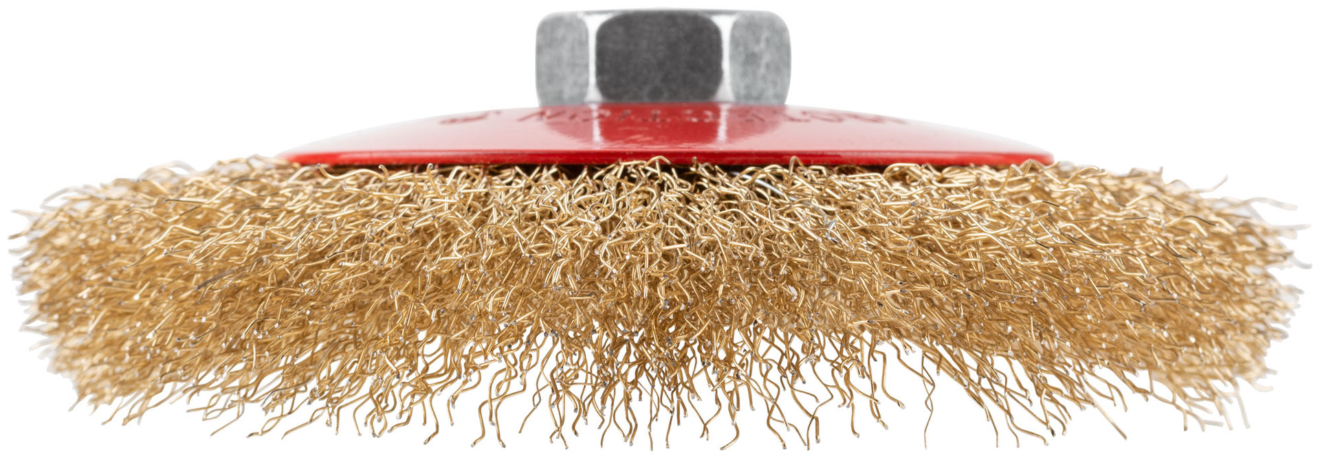 Корщетка-колесо с наклоном, гайка М14, стальная латунированная волнистая проволока 125 мм, блистер (39085)