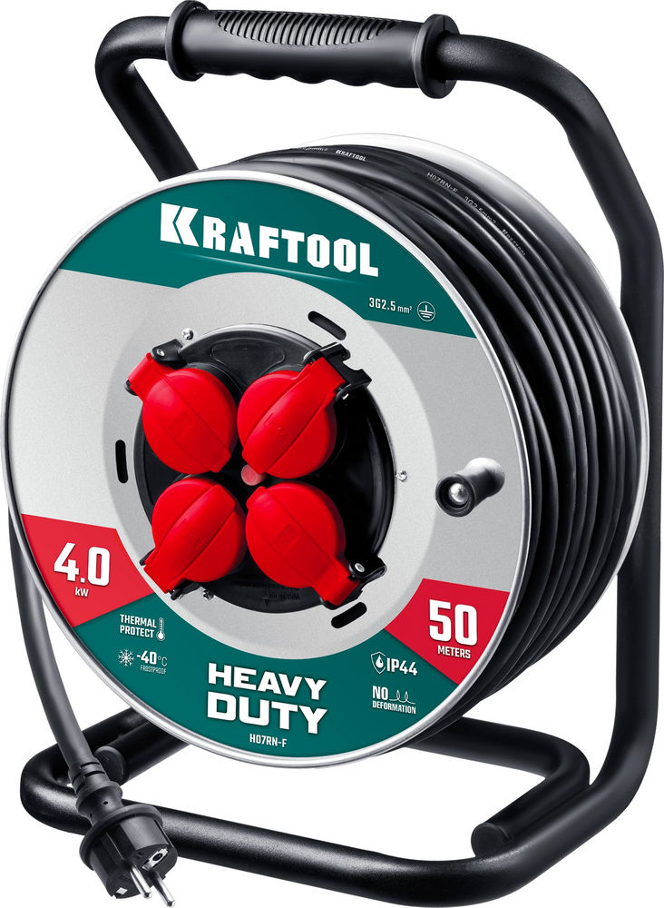 Силовой удлинитель на стальной катушке КГ 3х2.5 50м 4000Вт IP44, HEAVY DUTY KRAFTOOL 55086-50_z01