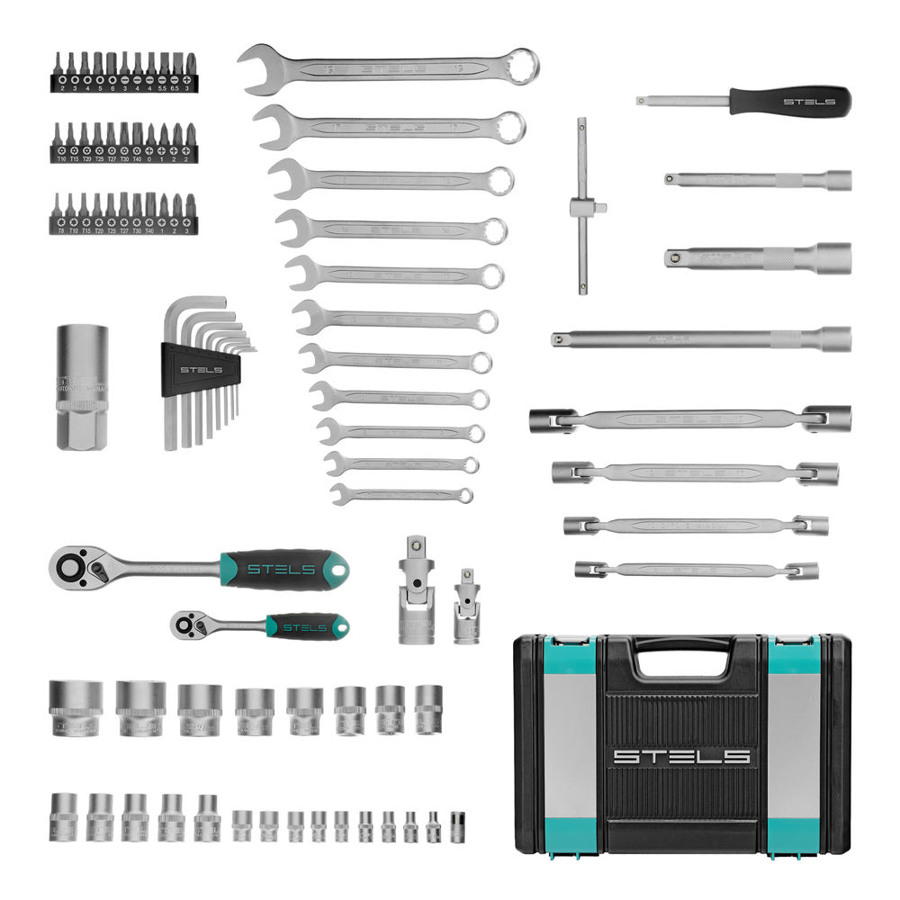 Набор инструментов, 1/2, 1/4, CrV, пластиковый кейс 88 предметов Stels