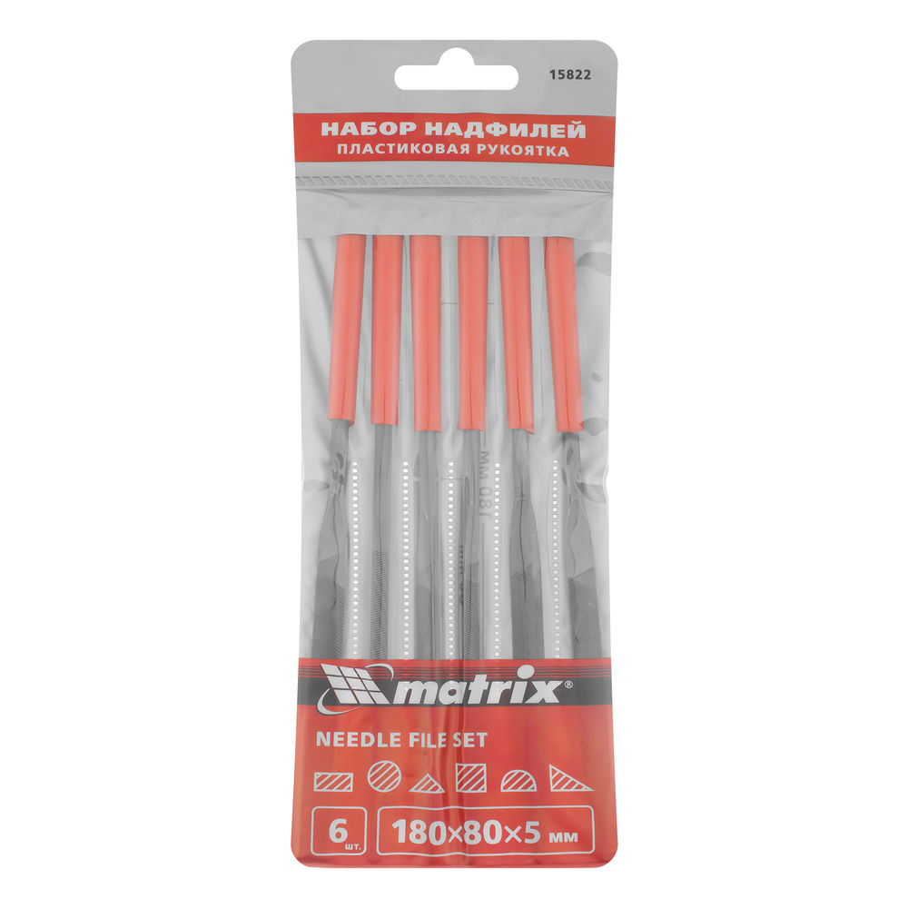 Набор надфилей, 180 х 5 мм, 6 шт, пластиковые рукоятки Matrix
