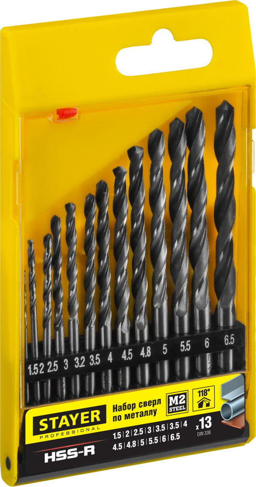 Набор сверл по металлу быстрорежущая сталь P6M5 класс В Professional HSS-R STAYER 13 шт (1.5-6.5 мм) 29602-H13_z01  