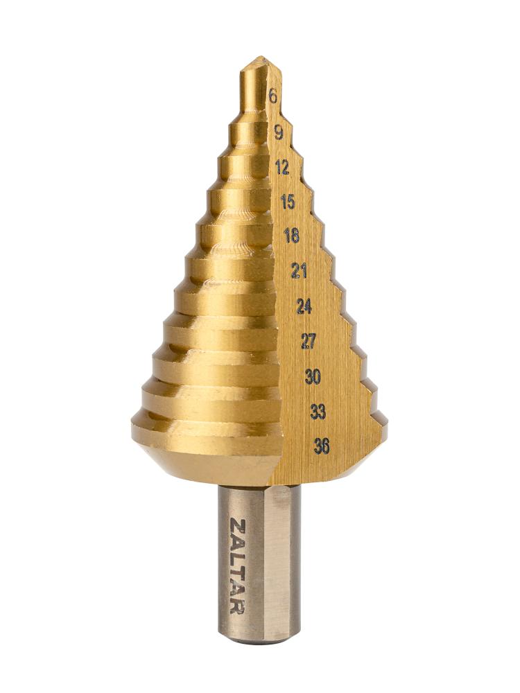 Сверло ступенчатое, HSS TiN, O9-36 мм, прямая канавка, трёхплоскостной хвостовик (ZA-05349)