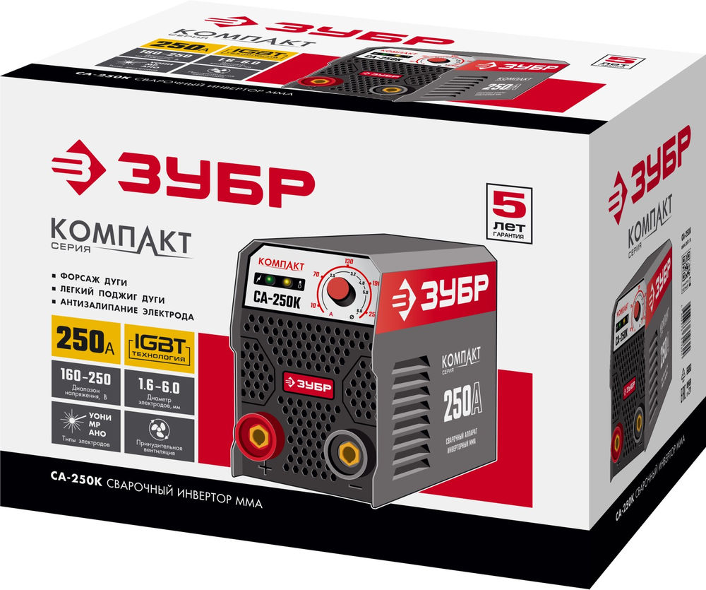 Сварочный аппарат инверторный ММА, 250 А, КОМПАКТ, макс. электрод O 6.0 мм ЗУБР СА-250К