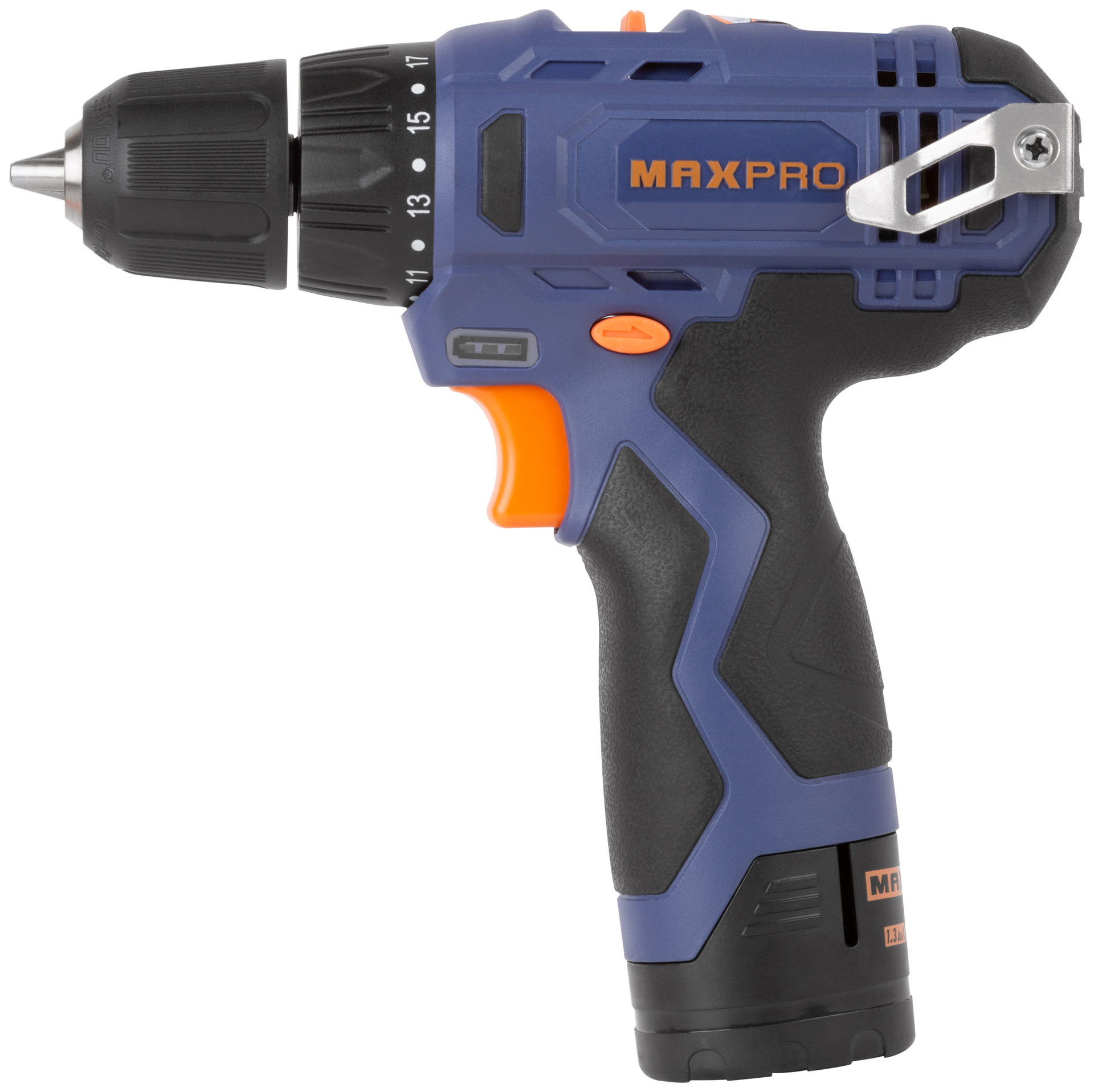 Дрель-Шуруповерт аккумуляторная 12 В; 0-350/0-1300 об/мин; 10 мм; 26 Нм; 2 батареи (Li-Ion) х1,3 Ач; 17+1; 1 ч.; регулировка оборотов MAX-PRO 85026