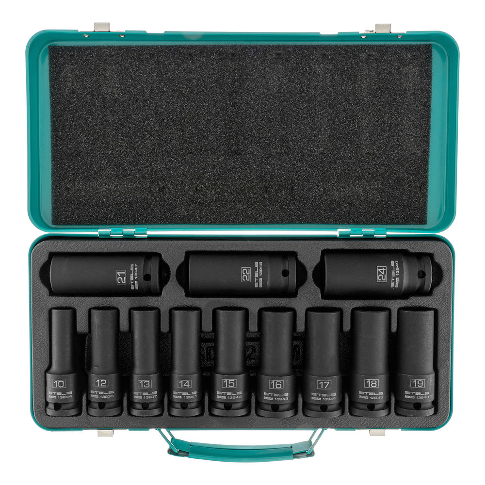 Набор ударных глубоких шестигранных торцевых головок, 1/2, 10-24 мм, в кейсе 12 шт. Stels