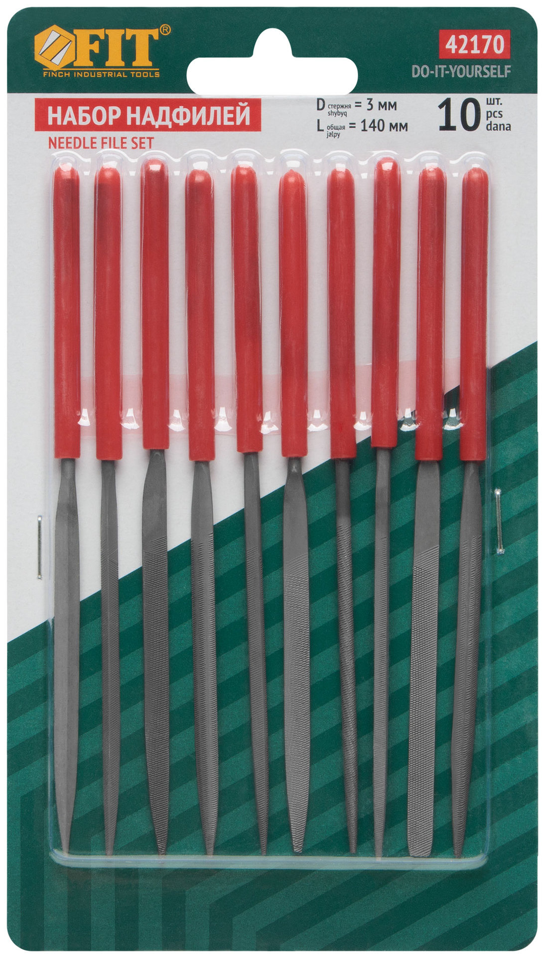 Надфили узкие, ПВХ ручка 3х140/60 мм, 10 шт. (42170)