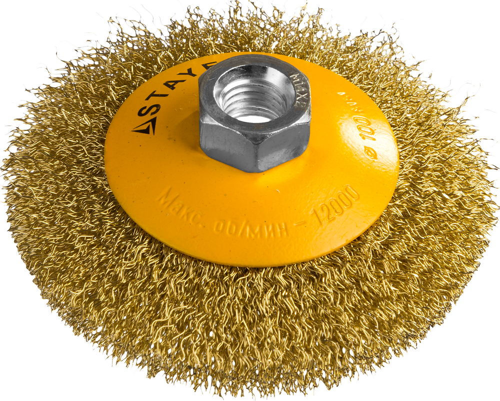 Щетка-крацовка коническая для УШМ 100 мм, витая стальная латунированная проволока 0.3 мм Professional STAYER 35133-100