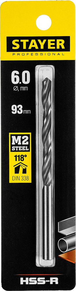 Сверло по металлу быстрорежущая сталь P6M5 Professional HSS-R STAYER 6.0x93 мм 29602-6  