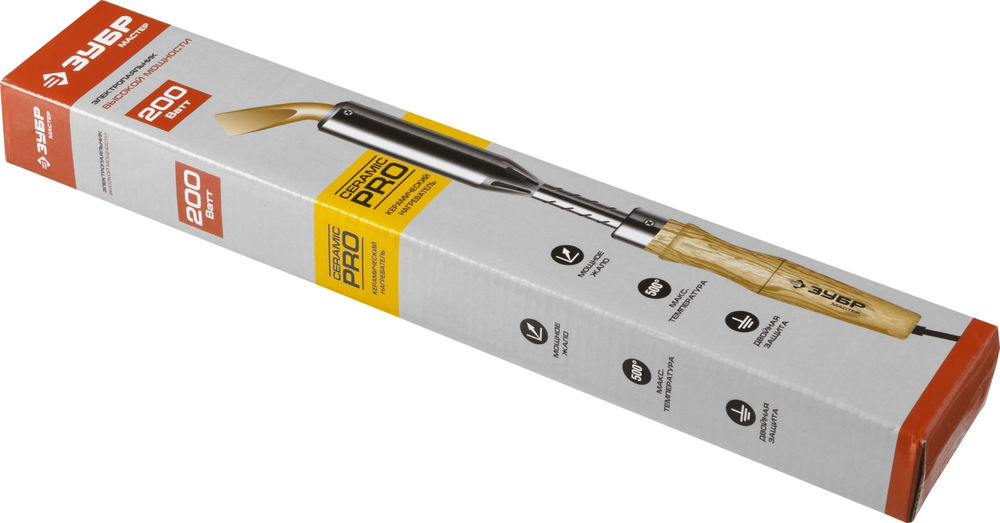 Электропаяльник Ceramic PRO 200 Вт, клин, высокомощный, деревянная рукоятка ЗУБР 55303-200