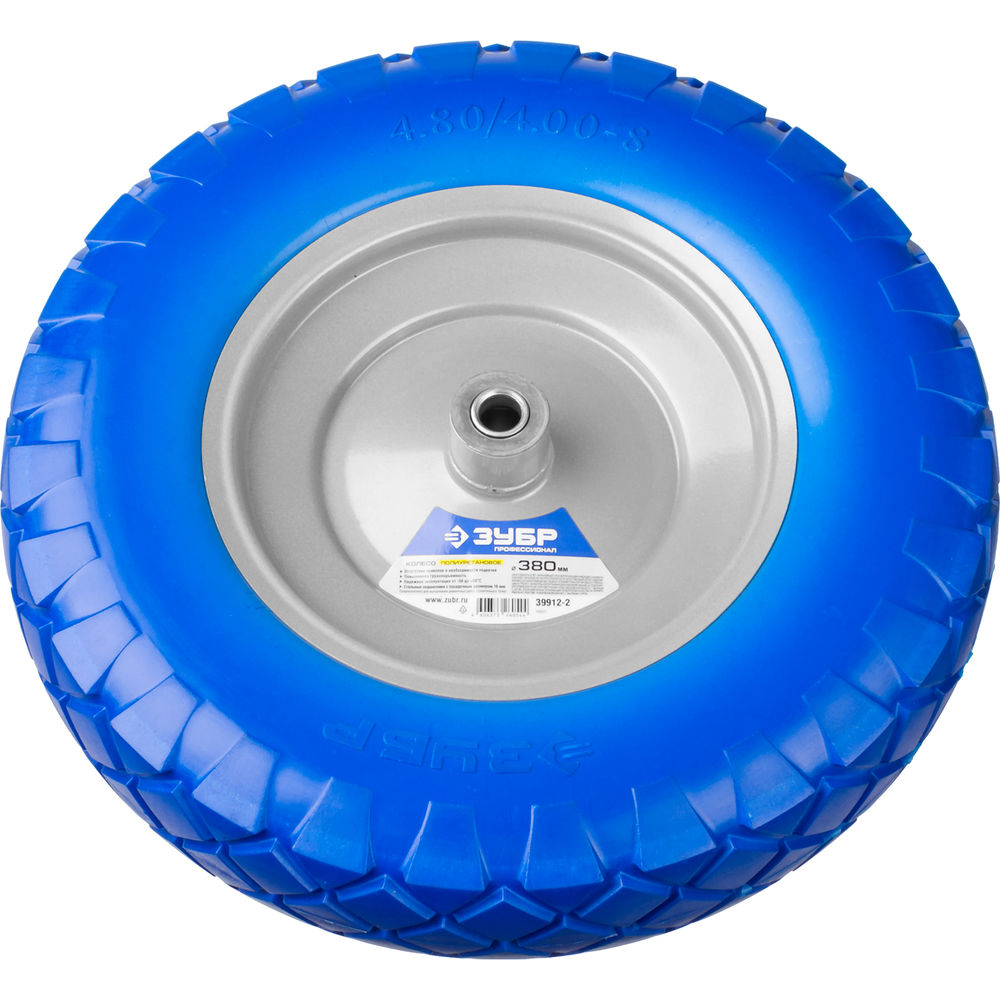 Полиуретановое колесо КПУ-2, 4 х 380 мм, для тачек арт. 39903, 39974, стальной диск, подшипник 16 мм ЗУБР Профессионал 39912-2